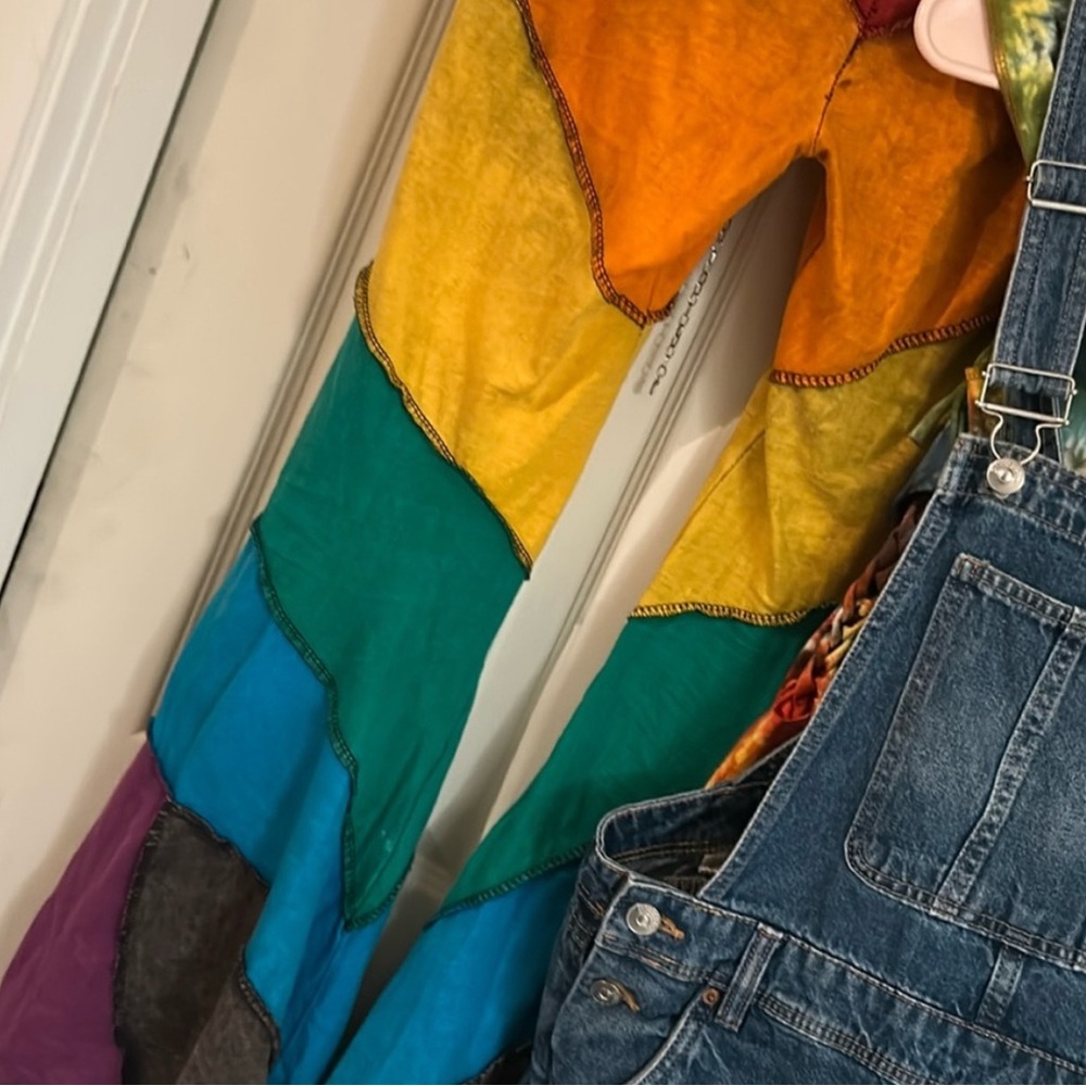 Rainbow patchworks hippy bell bottoms with a stash pocket